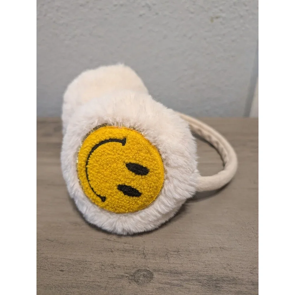 OMG Accessories Girls Smiley Face Earmuffs White Faux Fur Yellow One Size